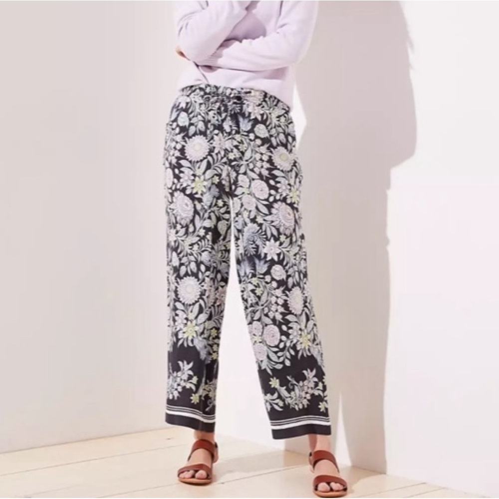 Loft Floral Fluid Palazzo Wide Leg Elastic Waist Drawstring Pants